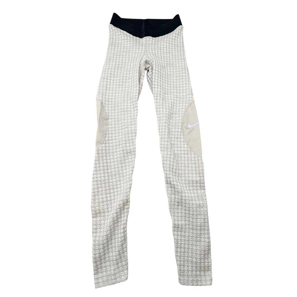 Nike Pro Hyperwarm Women Small Cream Black Textured Thermal Training Leggings